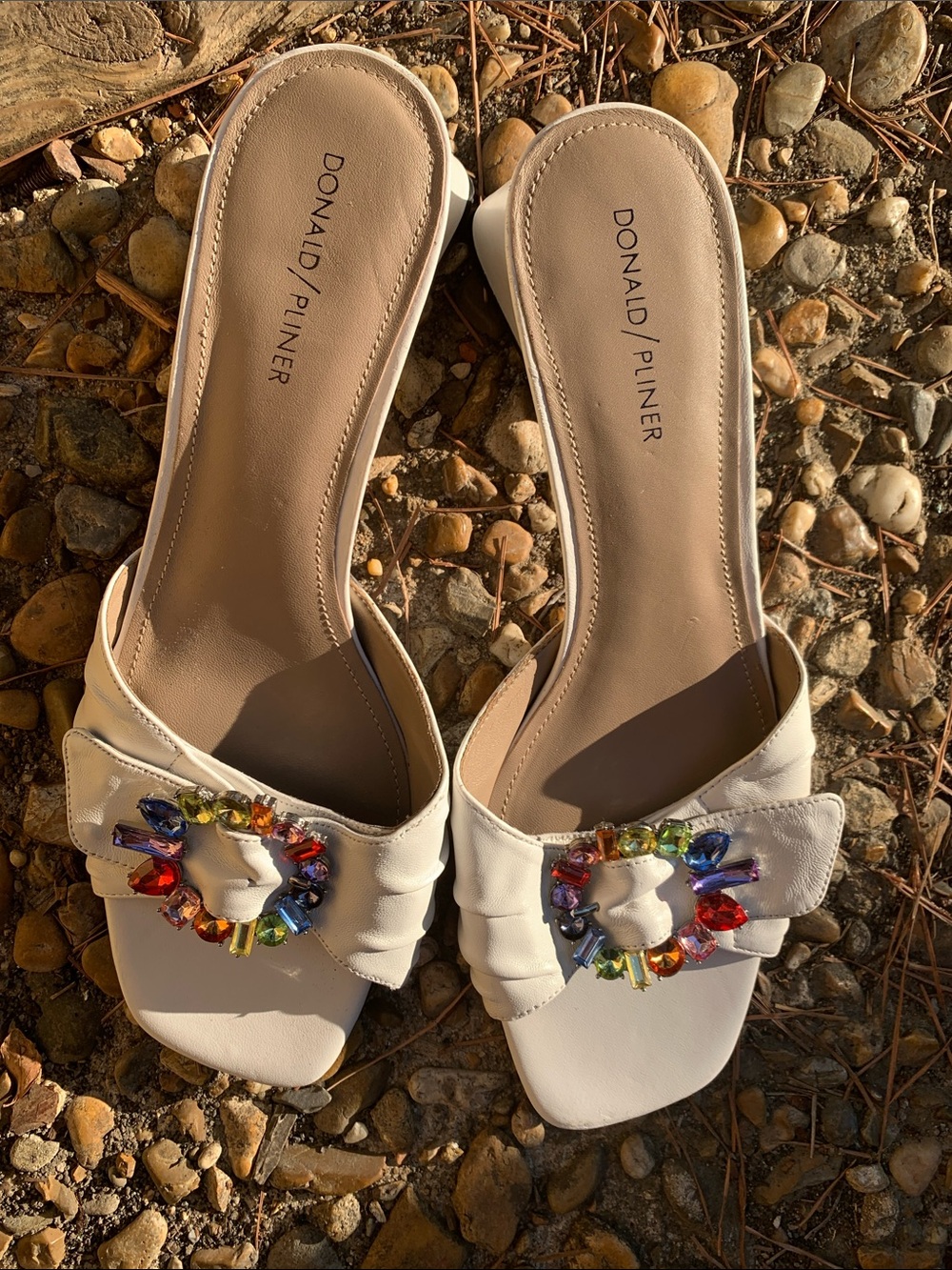 Donald J. Pliner Cream Slide Mules with Multicolor Jewel Ring